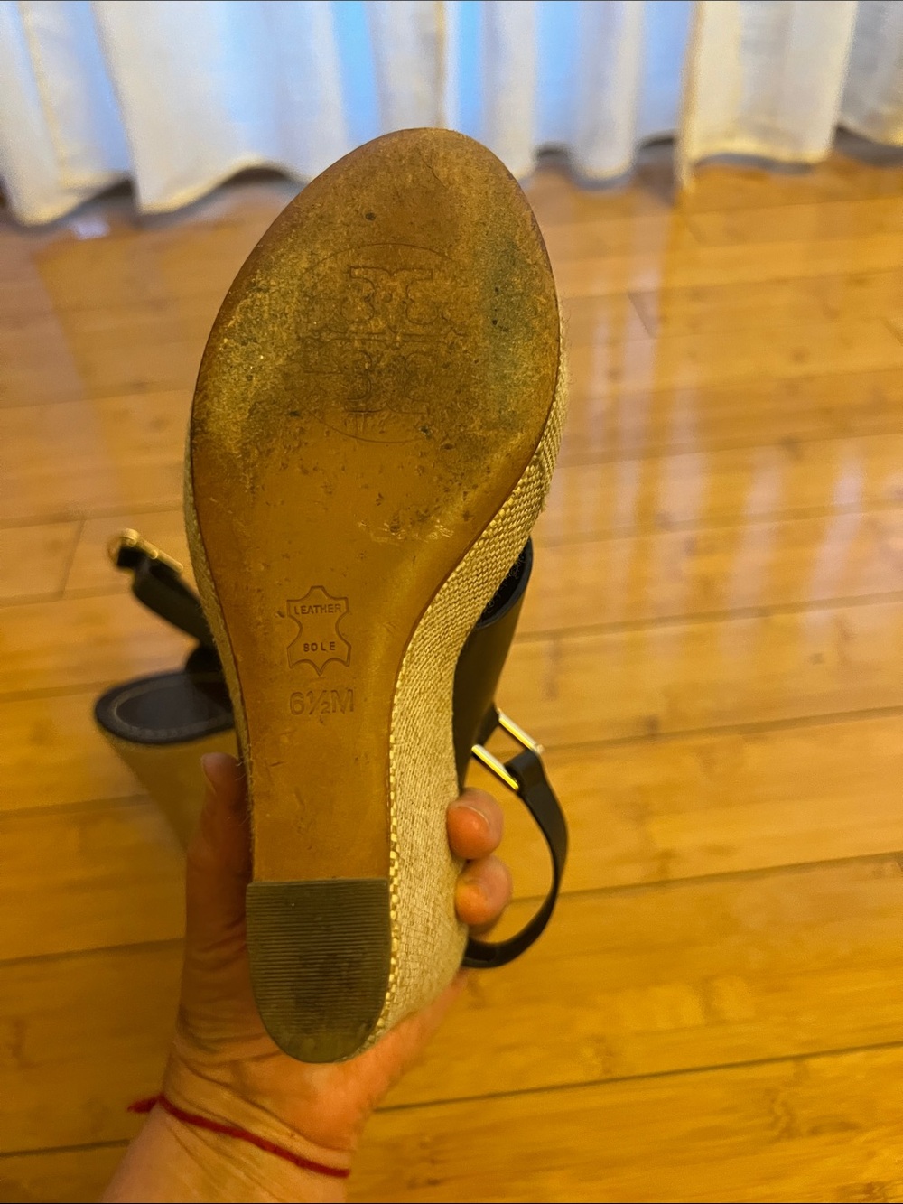 Tory Burch Black Leather Wedge Sandals with Gold Buckle - Picture 6 of 6